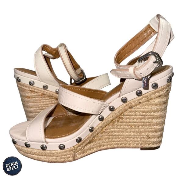 COACH Darcy Chalk Espadrille Wedge Sandals Leather Studded Straps 7.5B - Picture 6 of 16